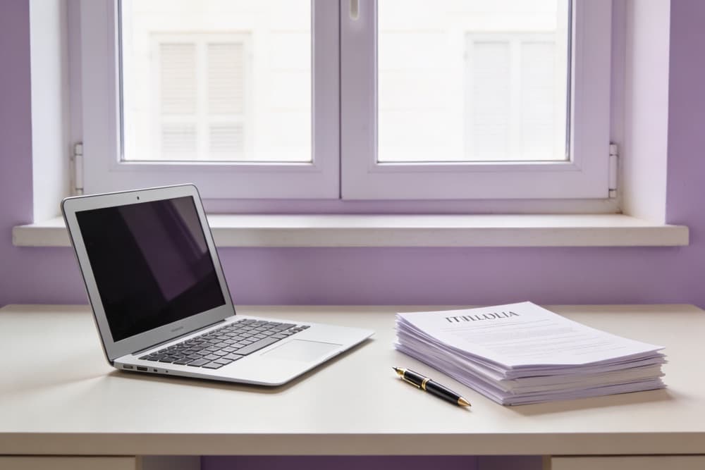 Scrivania di uno studio di psicologia con una fattura, un computer e una marca da bollo