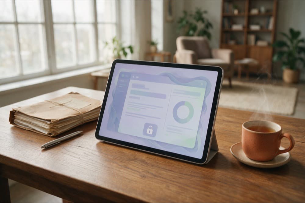 Tablet con una cartella clinica digitale protetta accanto a un fascicolo cartaceo sulla scrivania di uno psicologo